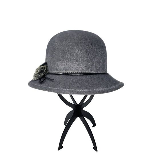 Retro Roaring 20s Gray Bowler Hat Faux Fur Black Bow Accent 57 CM Womens Flapper - Picture 2 of 9